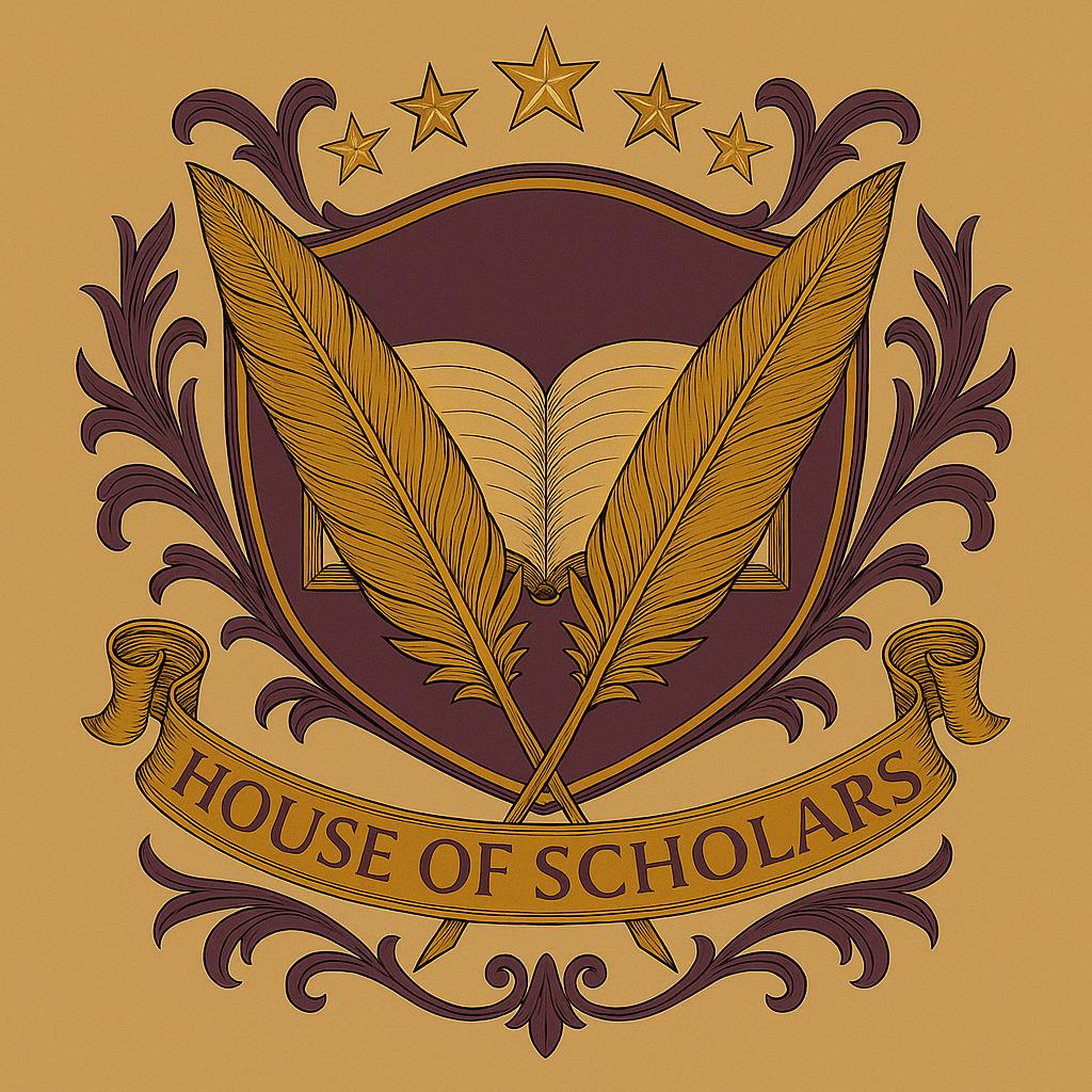 The emblem of House Avenloré featuring an open book cradled by two quills, symbolizing knowledge and scholarship.